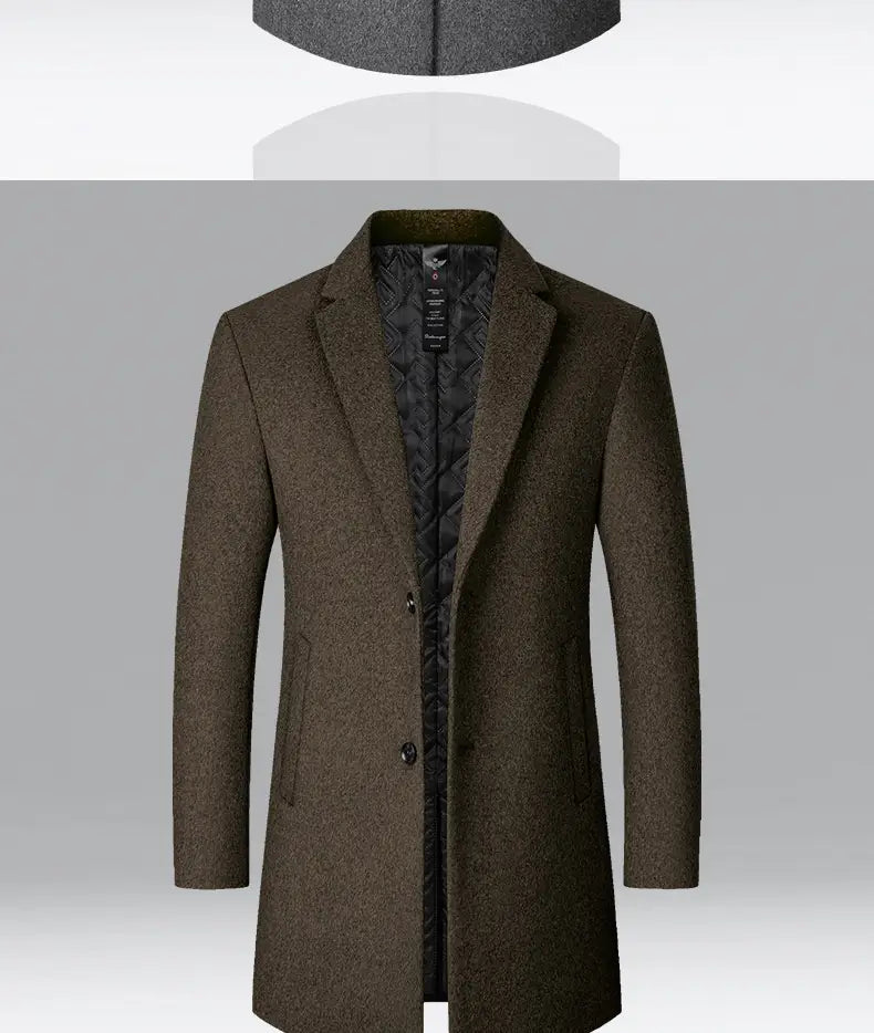 A sophisticated olive-green mens wool overcoat with textured tweed-like fabric and black quilted lining designed as a warm winter jacket.