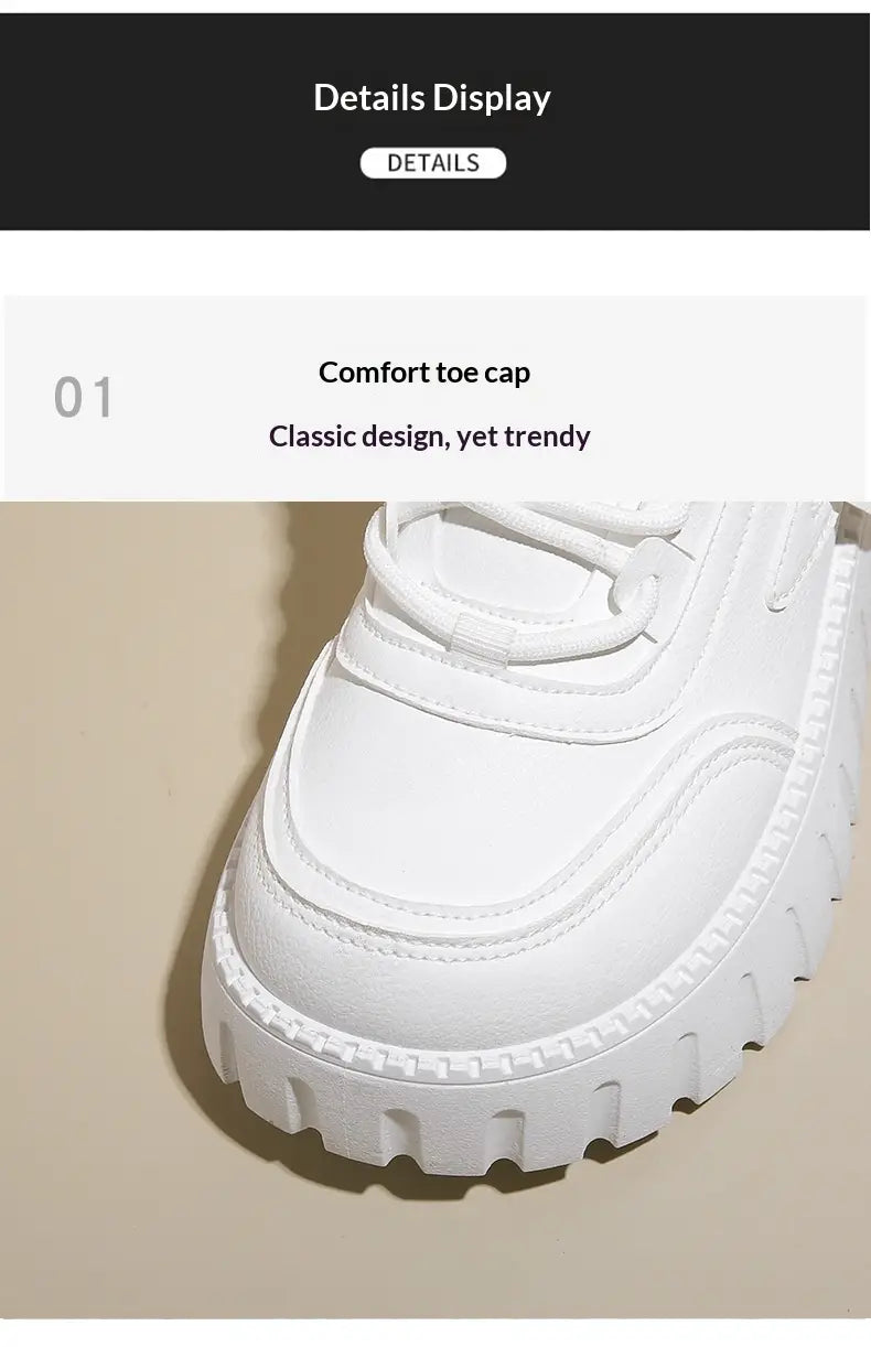 Cream-colored women’s chunky platform breathable high top sneakers with ridged sole and beige suede accents.