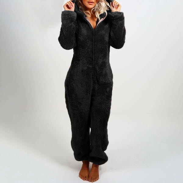 Traje de pijama de una sola pieza negro con capucha y cierre frontal, elaborado con forro polar mullido, con orejas de gato para un uso confortable de estar en casa.
