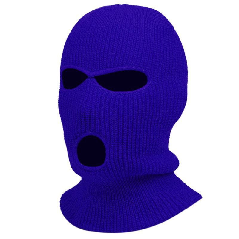 Bonnet cagoule tricoté bleu royal, vibrant, avec une texture côtelée et trois ouvertures pour les yeux, conçu comme un masque chaud pour le cyclisme.