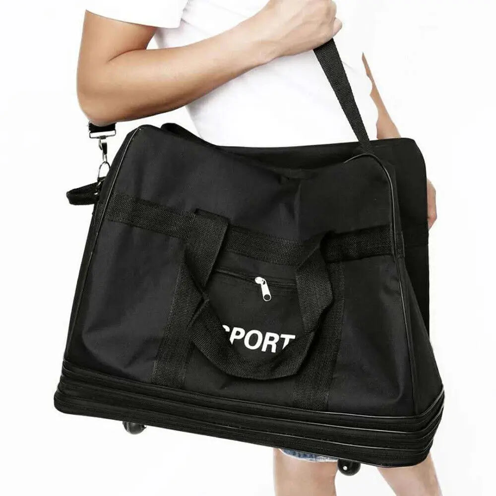 Black rolling duffel bag with reinforced straps and a front pocket labeled sport, featured as a 42 inch expandable lightweight rolling travel suitcase.
