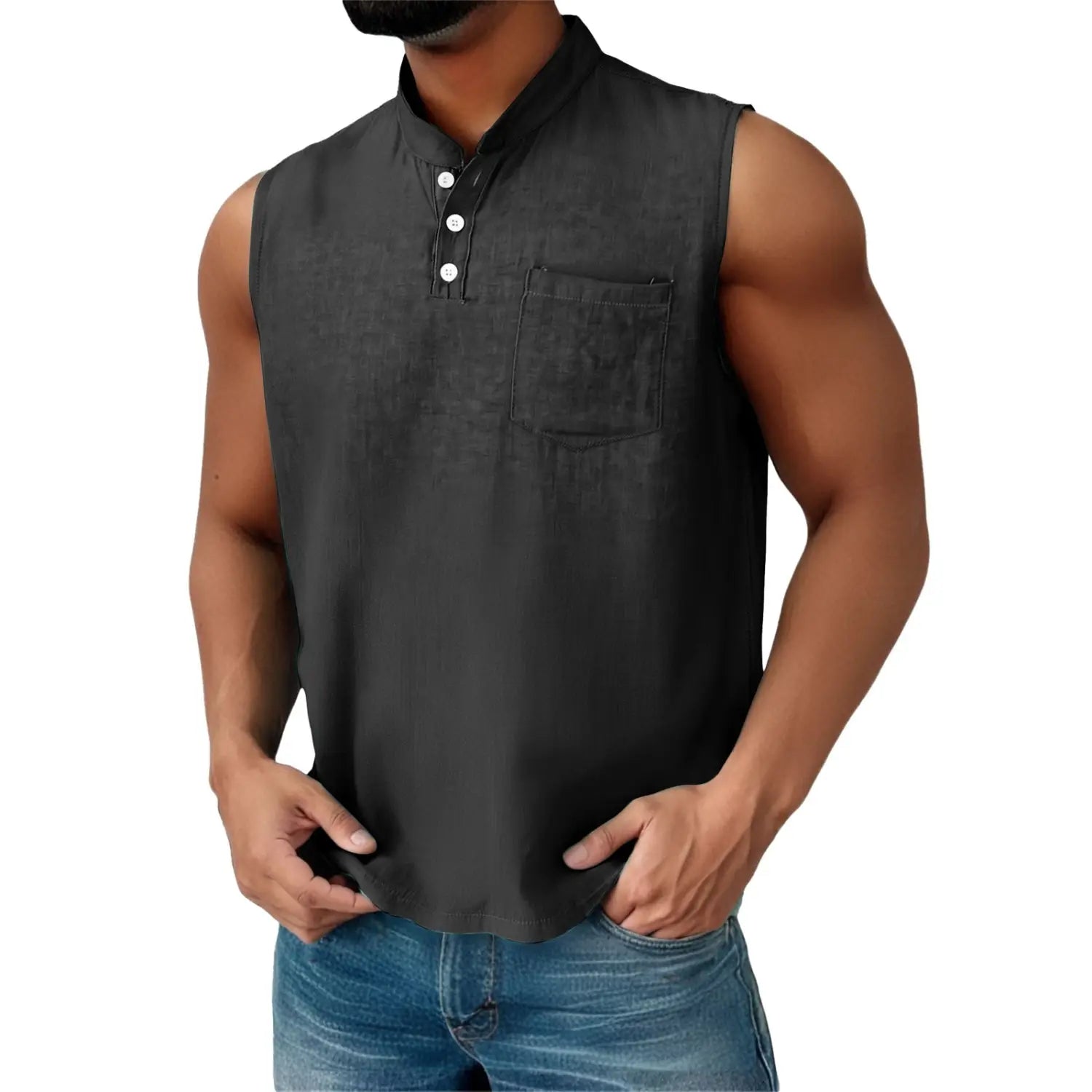 Men’s slim fit sleeveless denim henley shirt in black with a chest pocket and subtle texture.