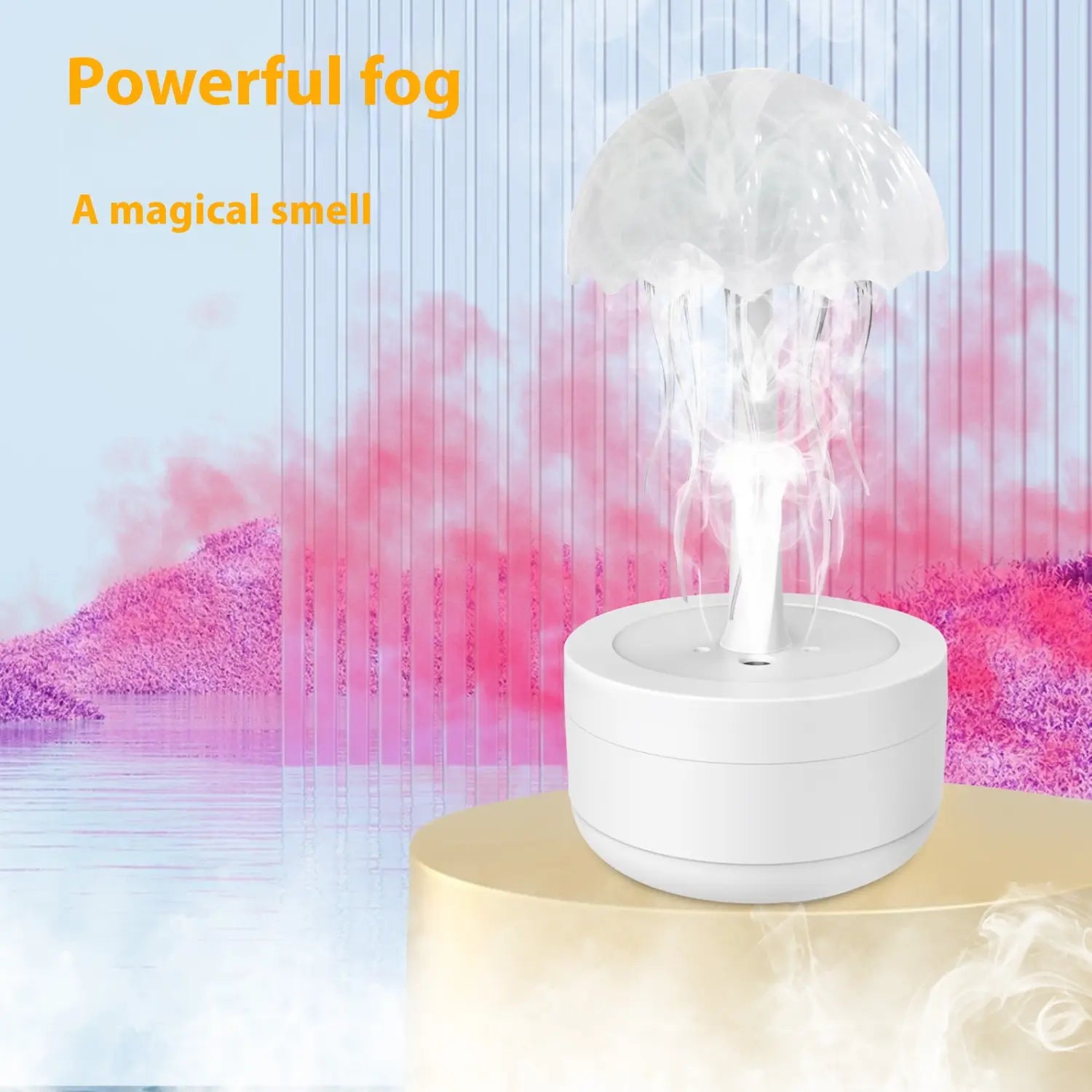 white jellyfish-shaped humidifier diffuser emitting misty fog with 7 color led essential oil functionality