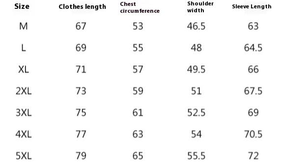 The table displays size measurements for the men’s retro loose flight bomber jacket workwear including clothes length chest circumference shoulder width and sleeve length for sizes m to 5xl.