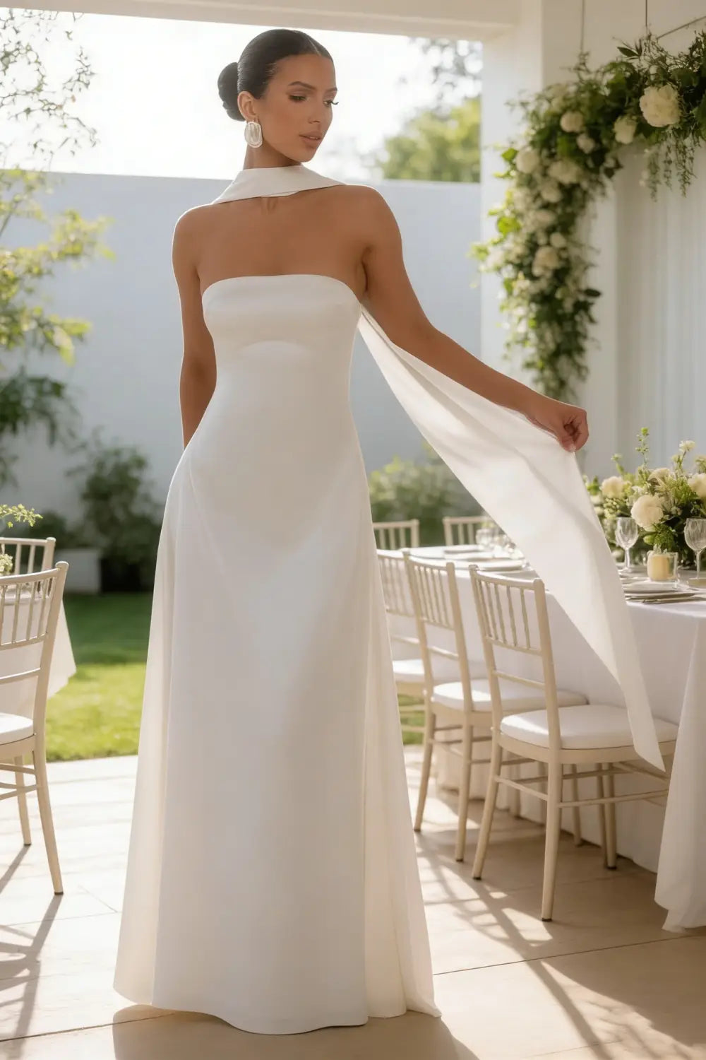 Un vestido de novia de satén blanco, sin tirantes y fluido, con un elegante detalle drapeado en el hombro y un diseño sofisticado.