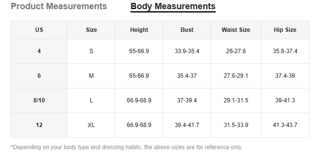 The image displays a table with measurements for various sizes of the short sleeve button down side slit shirt dress including height bust waist and hip size.