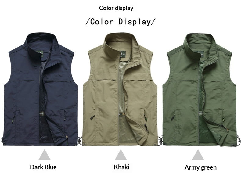 Three men multi pocket fishing vests in dark blue, khaki, and army green are displayed for color selection highlighting their durable fabric and functional utility design.