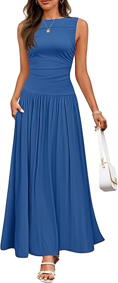 A flowing royal blue sleeveless maxi dress with a fitted bodice and flared skirt featuring elegant pleats and pockets.