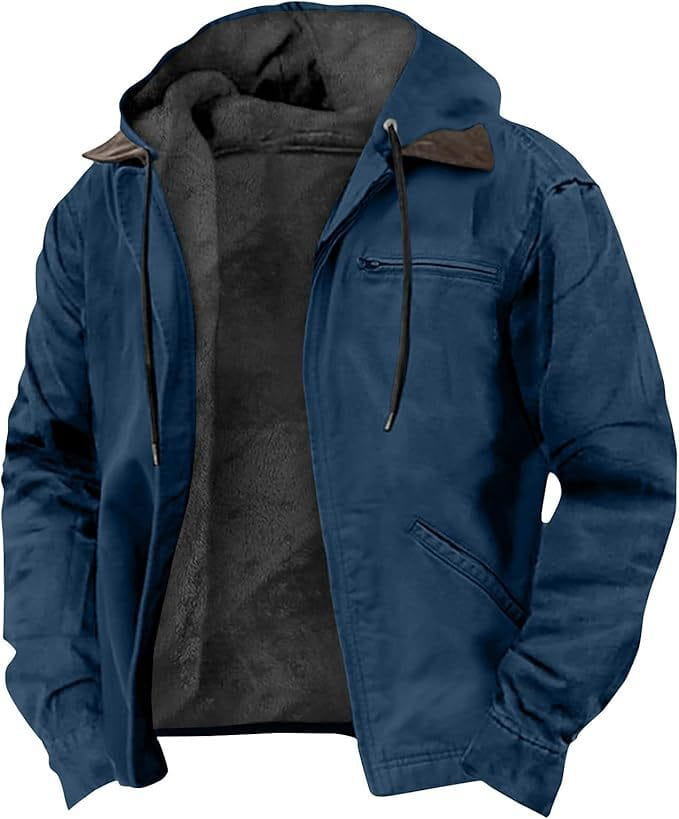 Chaqueta acolchada de algodón con capucha para hombre color azul con interior de forro polar gris oscuro y ribete tipo cuero marrón en el cuello.