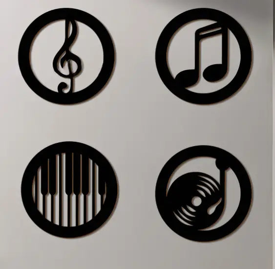 black circular wooden wall art set featuring musical symbols including a treble clef, eighth note, piano keys, and vinyl record in a 20x20cm size for musical note decor