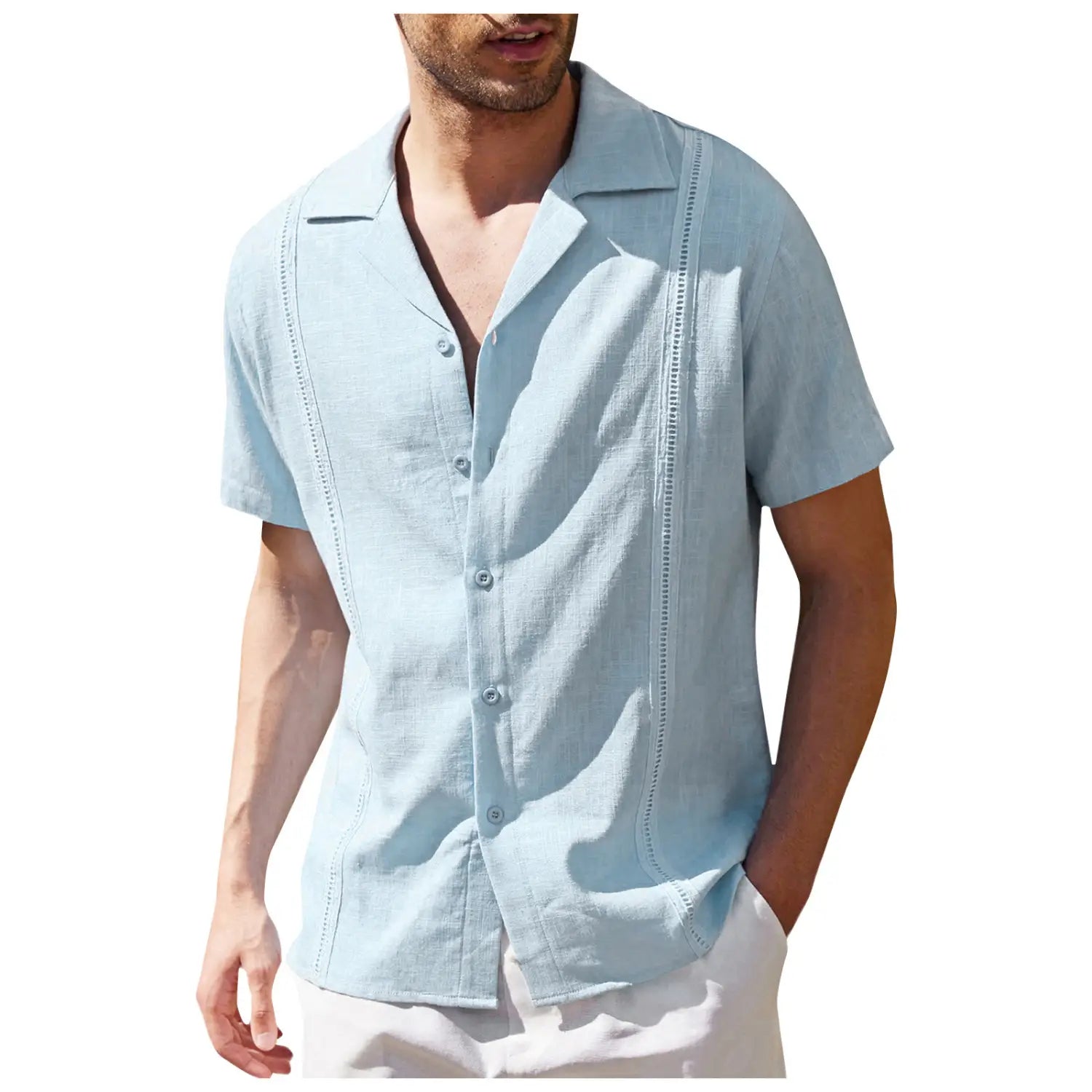 Men’s slim fit light blue linen short sleeve shirt with subtle embroidered detailing along the front placket.
