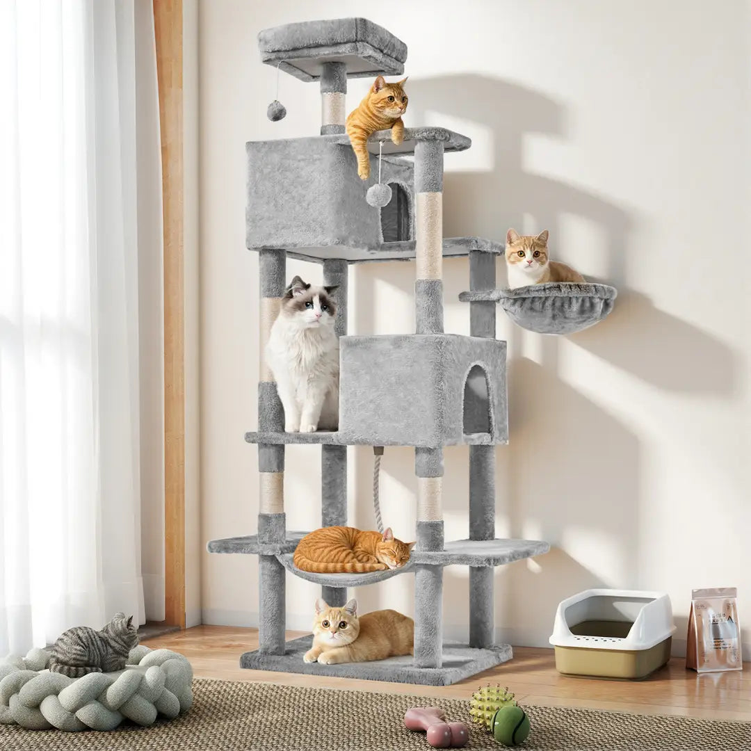 Gray 66 inch multi-cat tree tower and condo featuring plush multi-level platforms, sturdy scratching posts, and a hanging toy for active cats.