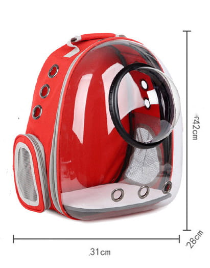 Red astronaut-style transparent astronaut cat bubble backpack carrier with a transparent dome, black circular viewport, and silver mesh ventilation panels.