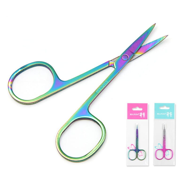 Ciseaux irisés en acier inoxydable pour taille-brow sourcils en forme de papillon, au design moderne et épuré, avec une finition arc-en-ciel.