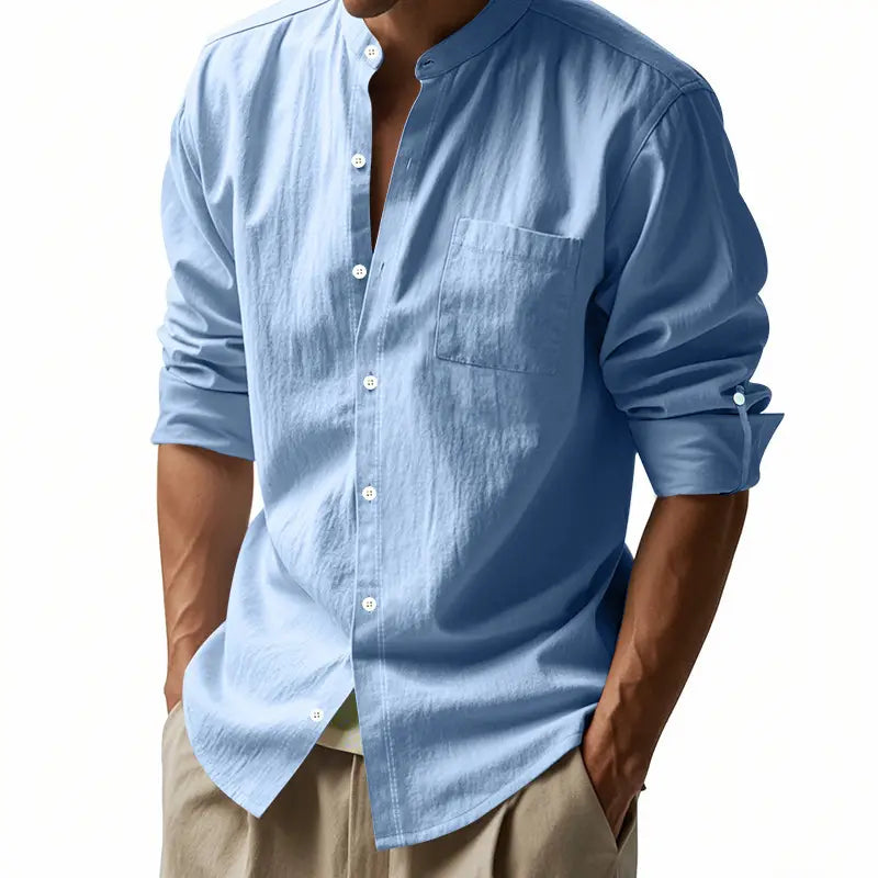 Men’s casual linen stand collar long sleeve shirt in light blue with button-down front and rolled cuffs.
