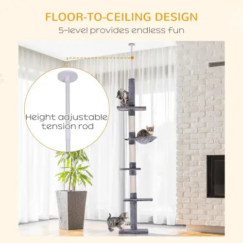 Gray and white multi-level cat tree with height adjustable tension rod for floor to ceiling installation in a durable design.