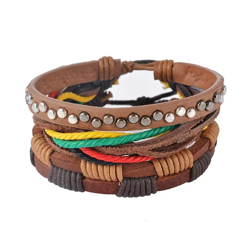 Handmade multilayer braided leather and wood bead bracelet featuring brown leather strands with silver studs and colorful woven cords.