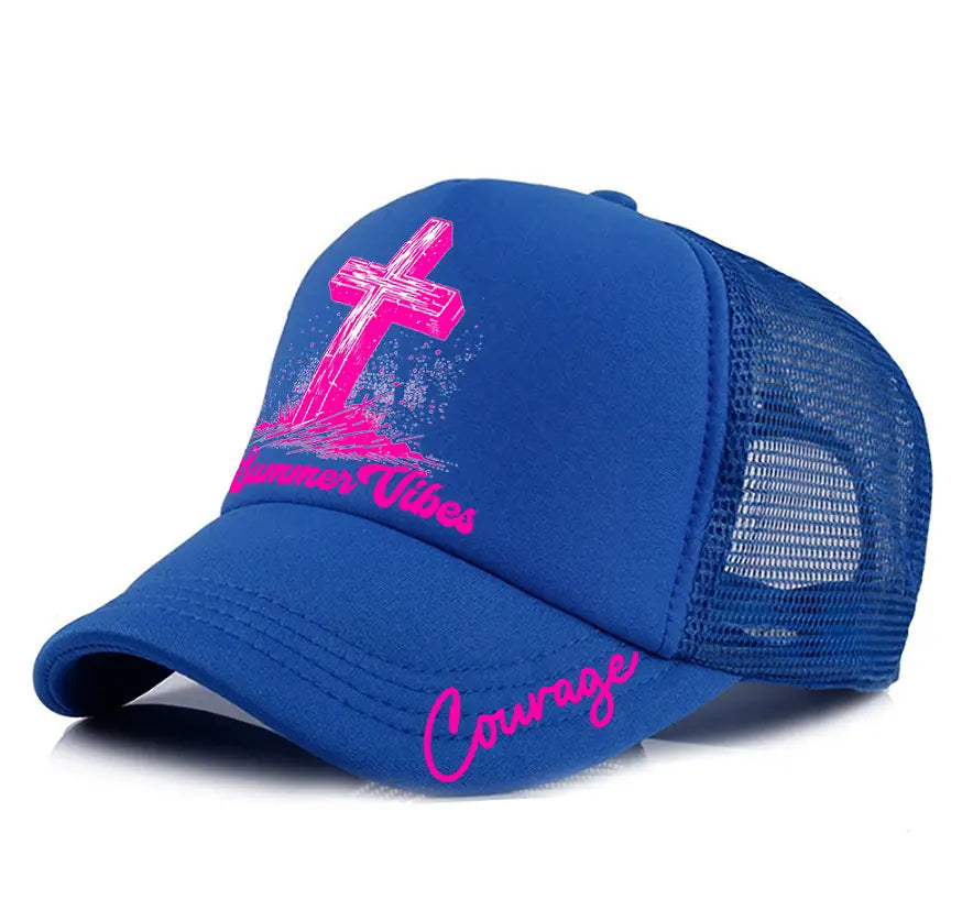 Blue baseball cap summer vibes trucker hat with a pink cross on the front and mesh back panels.