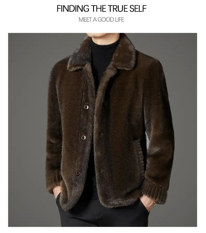 Brown faux fur winter coat for men featuring a plush collar and ribbed cuffs.