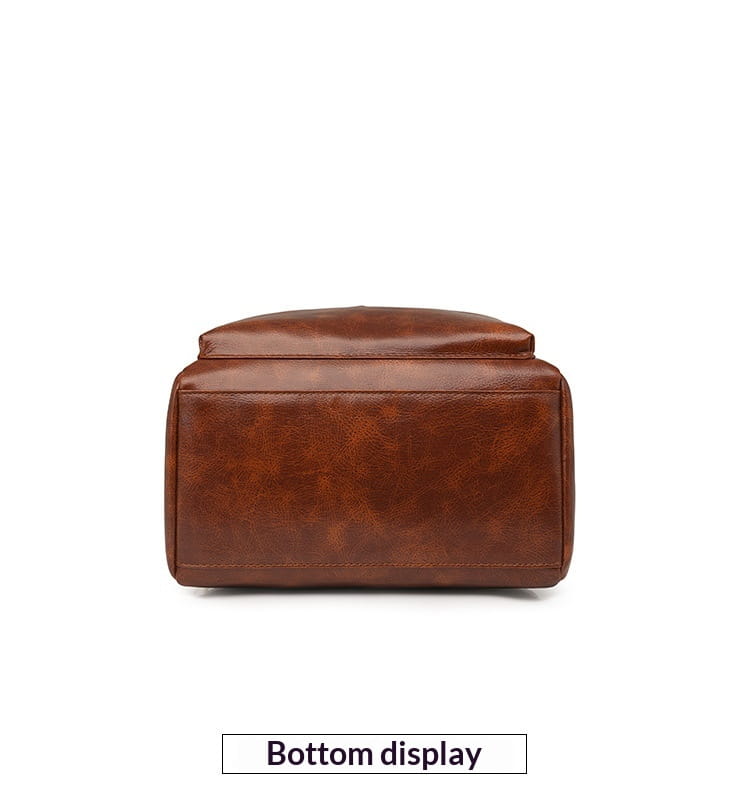 Brown faux leather women’s large capacity commuter backpack with rectangular shape and stitched seams.