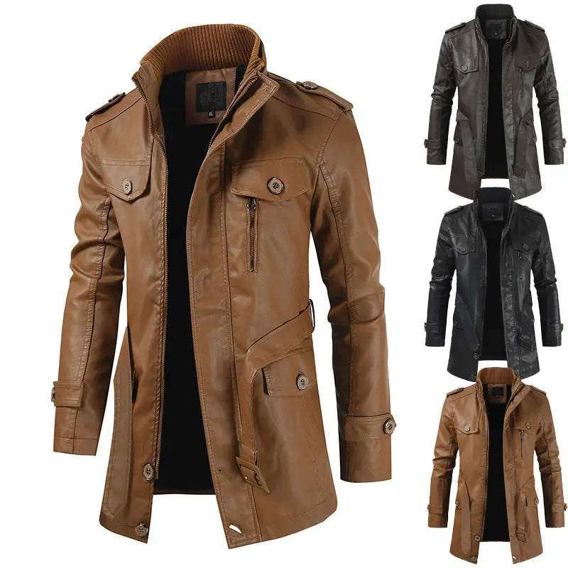 Men’s brown faux leather stand collar trench coat with button and zipper closures, ribbed collar, and multiple pockets.