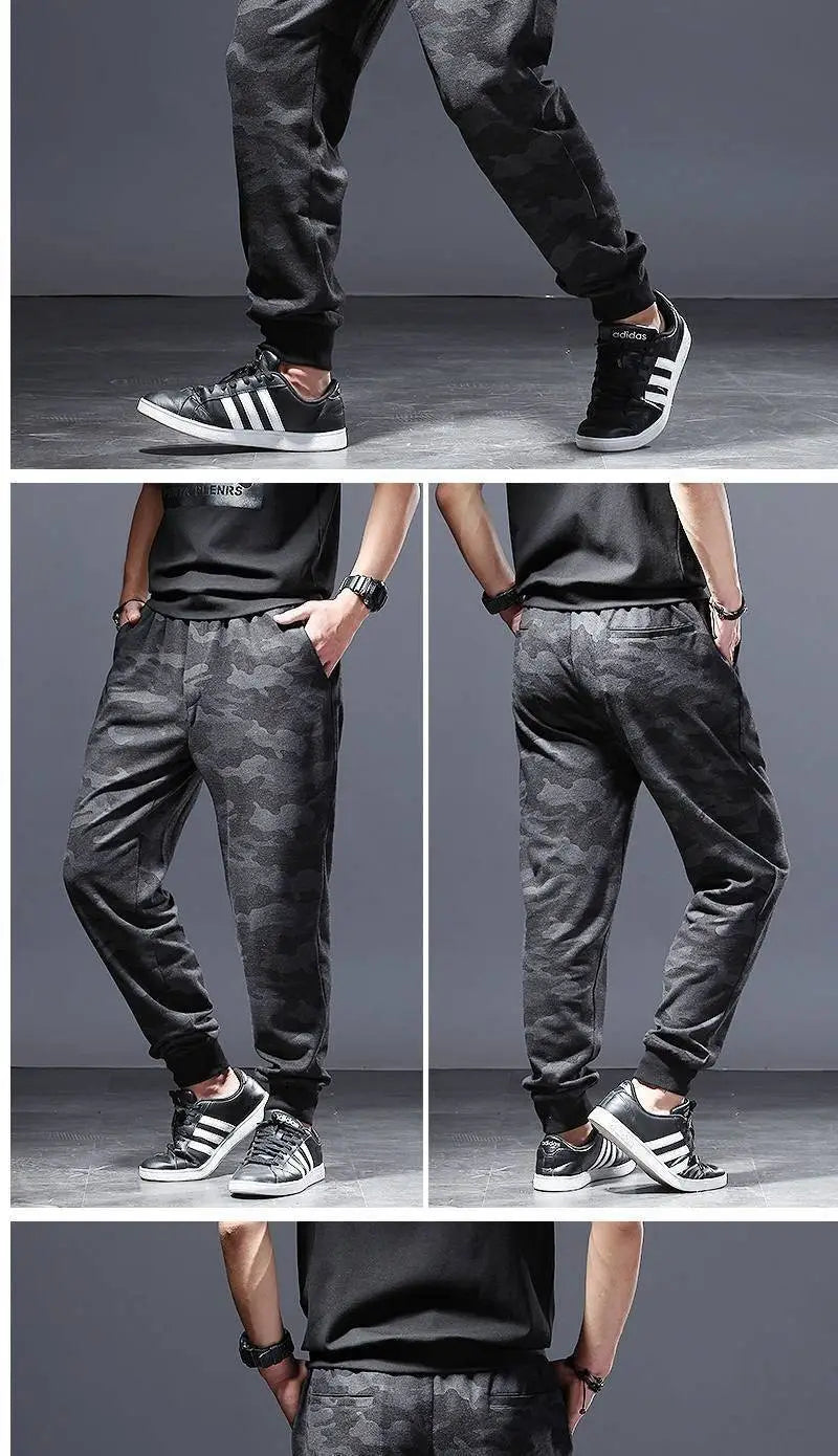 Pantalon de jogging athlétique pour hommes grande taille en camouflage noir, avec poignets élastiques et coupe décontractée, idéal pour un usage décontracté ou sportif.