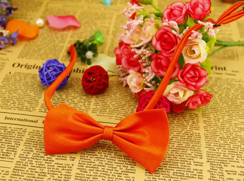 Collar para mascotas de color sólido ajustable que presenta un moño de tela con combinación de naranja y azul, con acabado brillante, apoyado sobre un periódico abierto.
