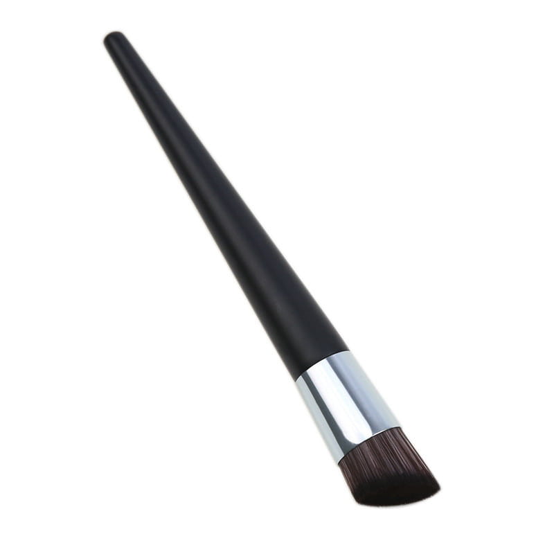 Black foundation brush with a sleek wooden handle, silver ferrule, and angled dark brown bristles for precise makeup application.