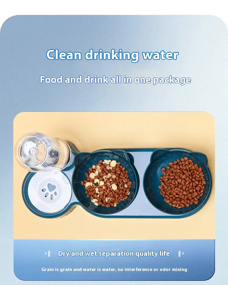 Distributeur orthopédique bleu pour chat avec compartiments séparés pour la nourriture sèche et l’eau, doté d’une conception en forme de chat et d’une gamelle d’eau automatique.