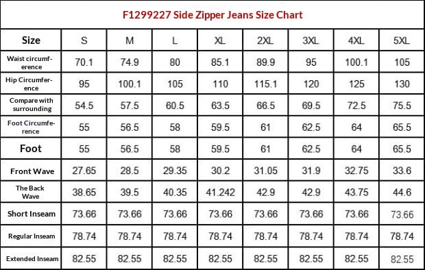 Tableau des tailles pour jeans en denim à jambes larges taille haute bleus avec fermeture latérale de style f1299227, avec texte rouge sur fond blanc.