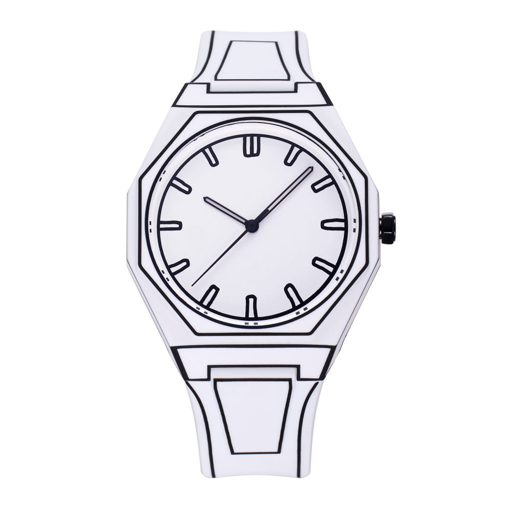 White modern octagonal minimalist waterproof silicone watch with black line-art detailing on the face and case.
