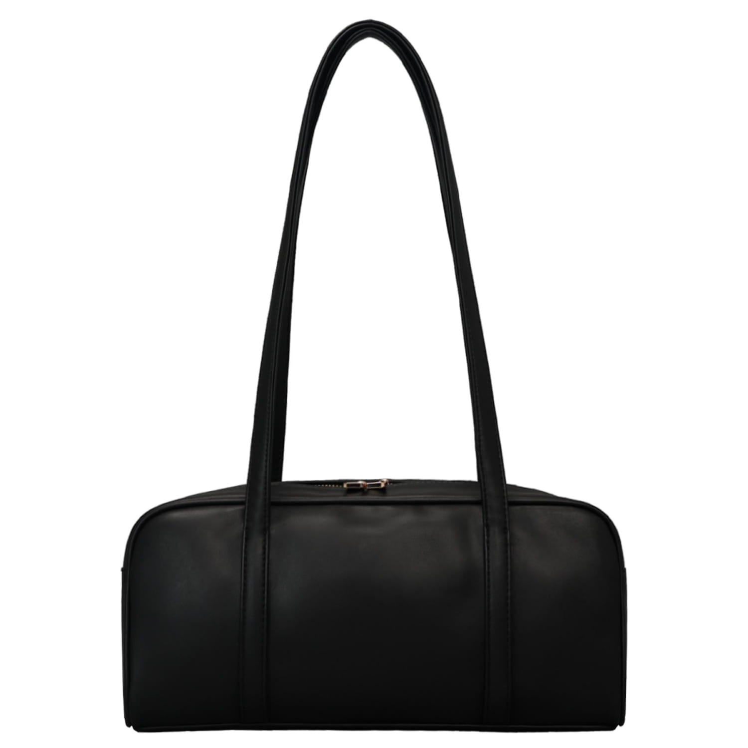 Black leather duffel bag with long handles and zipper closure from the Lxq026 chic leather single shoulder bag for women collection.