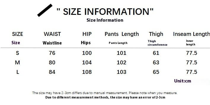 Tableau d’informations sur la taille pour des jeans cargo à taille basse, indiquant les mesures du pantalon en centimètres pour les tailles S, M et L.