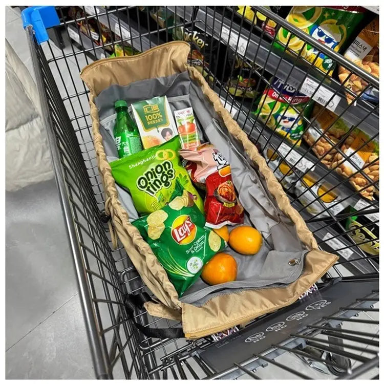 tan fabric shopping cart organizer with gray interior lining made of waterproof nylon designed as a multifunctional fashion tote and backpack