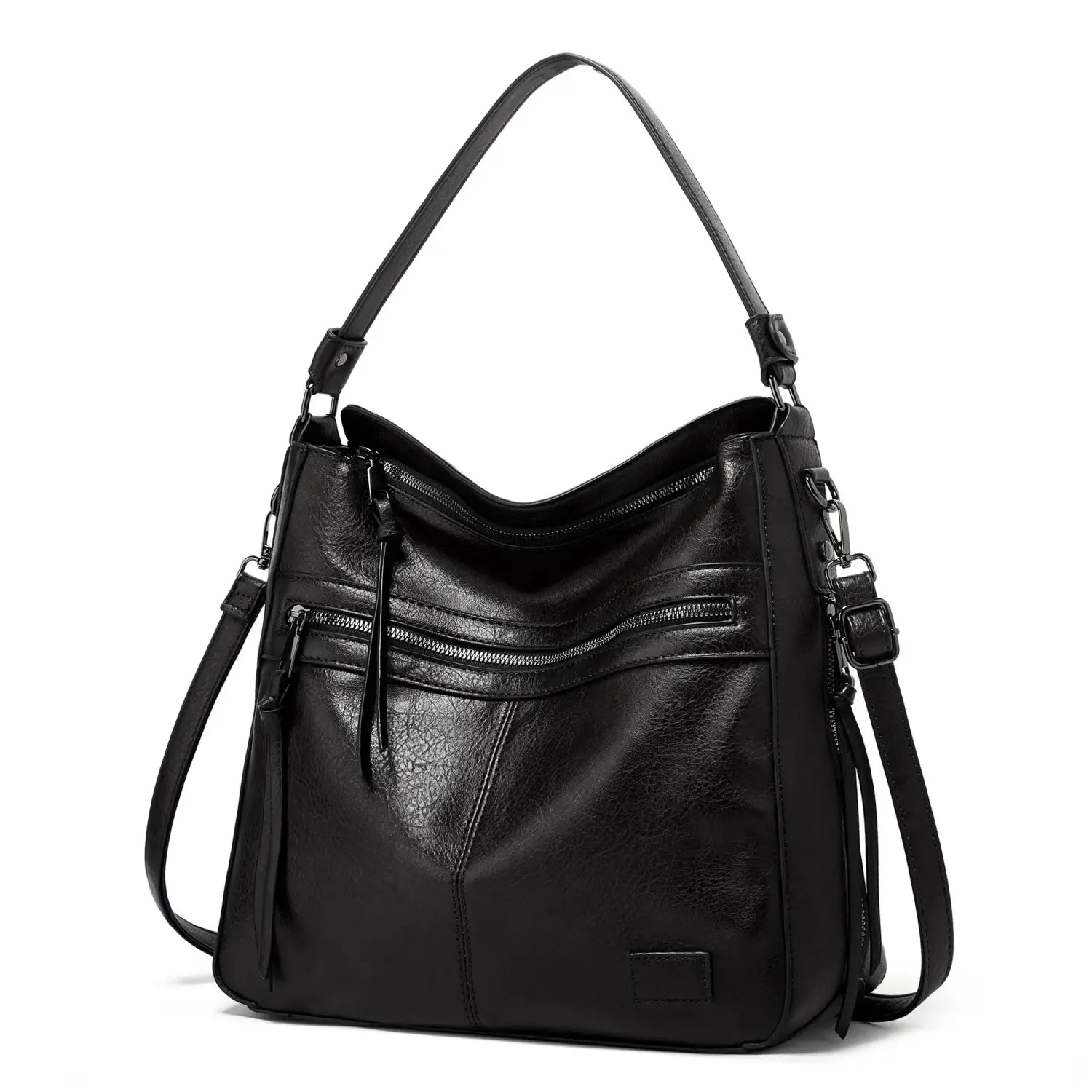 Schwarze Lederschultertasche mit mehreren Reißverschlüssen und verstellbaren Trägern, gestaltet als Crossbody-Tote für vielseitige Verwendung.