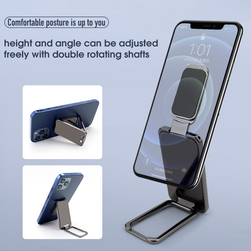adjustable metallic silver phone stand with double rotating shafts for ergonomic support shown from the back side in a magnetic phone ring holder foldable desktop stand design.