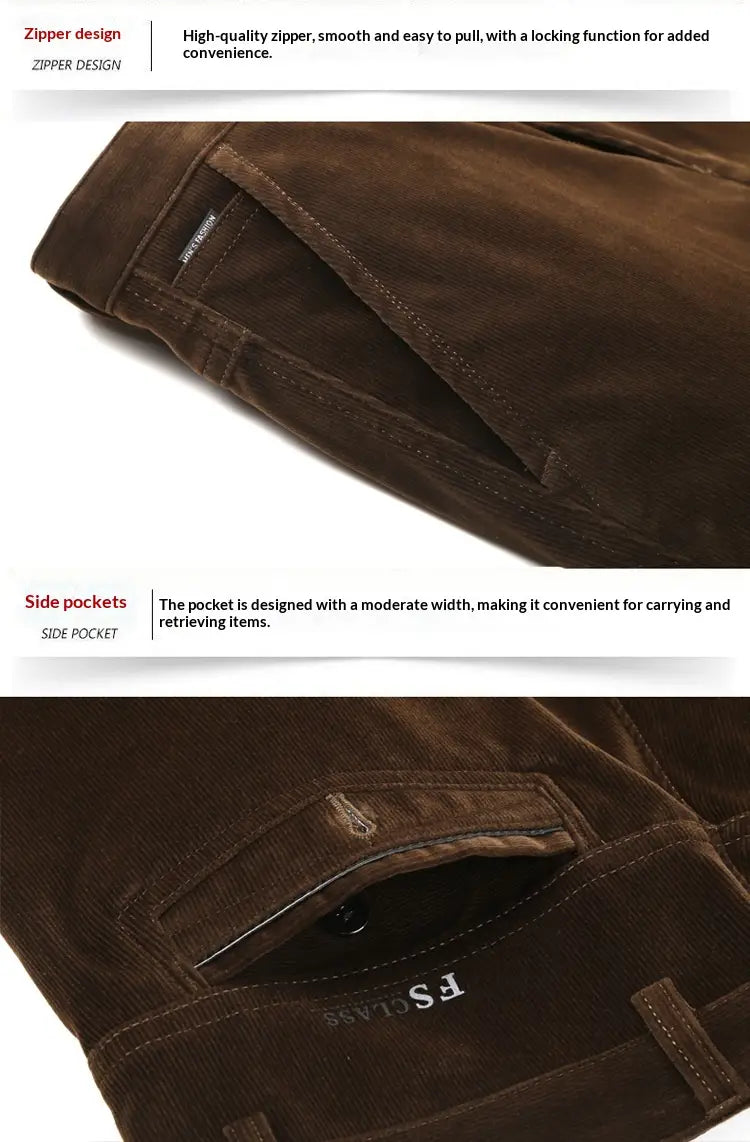 Pantalones rectos de pana marrón de terciopelo térmico para hombre con bolsillo con cremallera y bolsillos laterales.