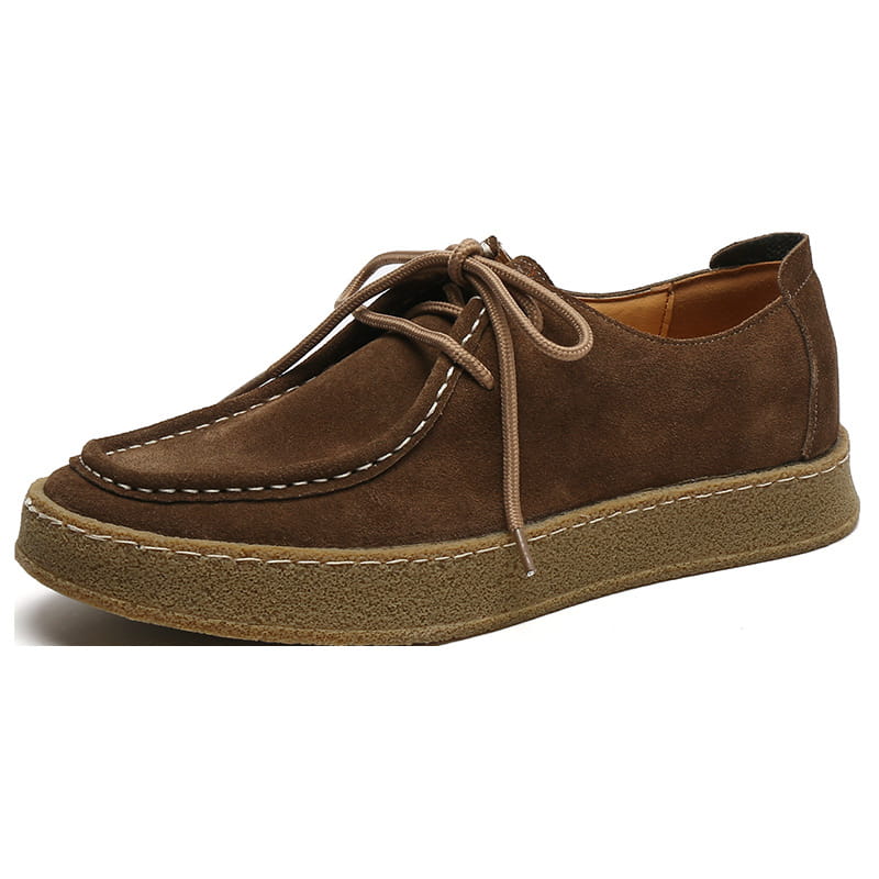 Brown suede British style casual lace-up leather shoe with tan laces and matching rubber sole.