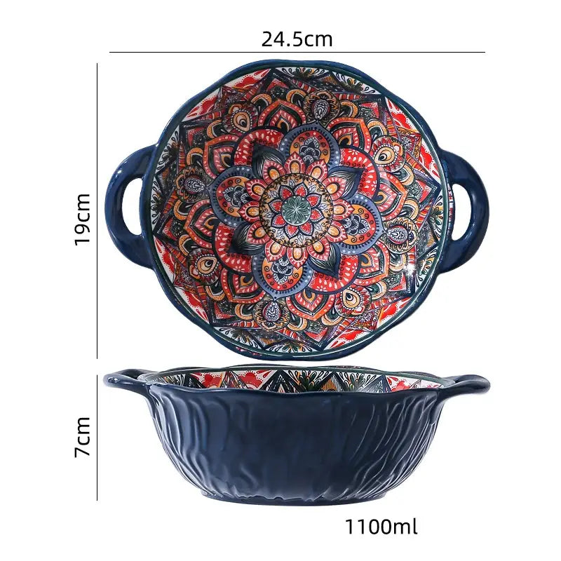 A deep blue ceramic mandala serving bowl with two handles featuring a vibrant red and gold hand-painted pattern on the interior and a 400ml capacity.