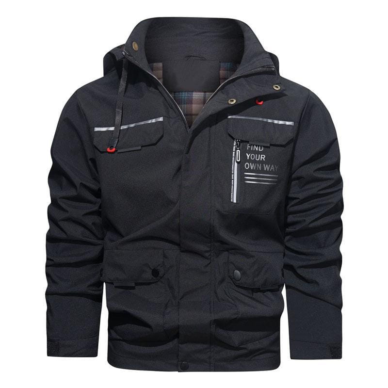 mens outdoor fleece hooded jacket in black with reflective stripes and a find your own way zipper pocket detail designed for casual shell coat use