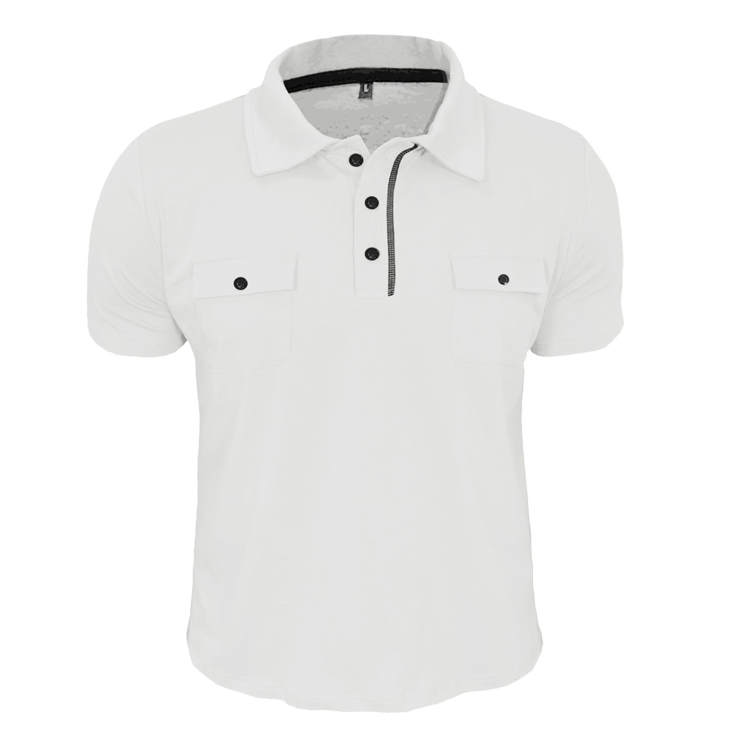 Men’s dual pocket short sleeve cotton blend polo shirt in white featuring black buttons and a subtle textured trim along the placket.