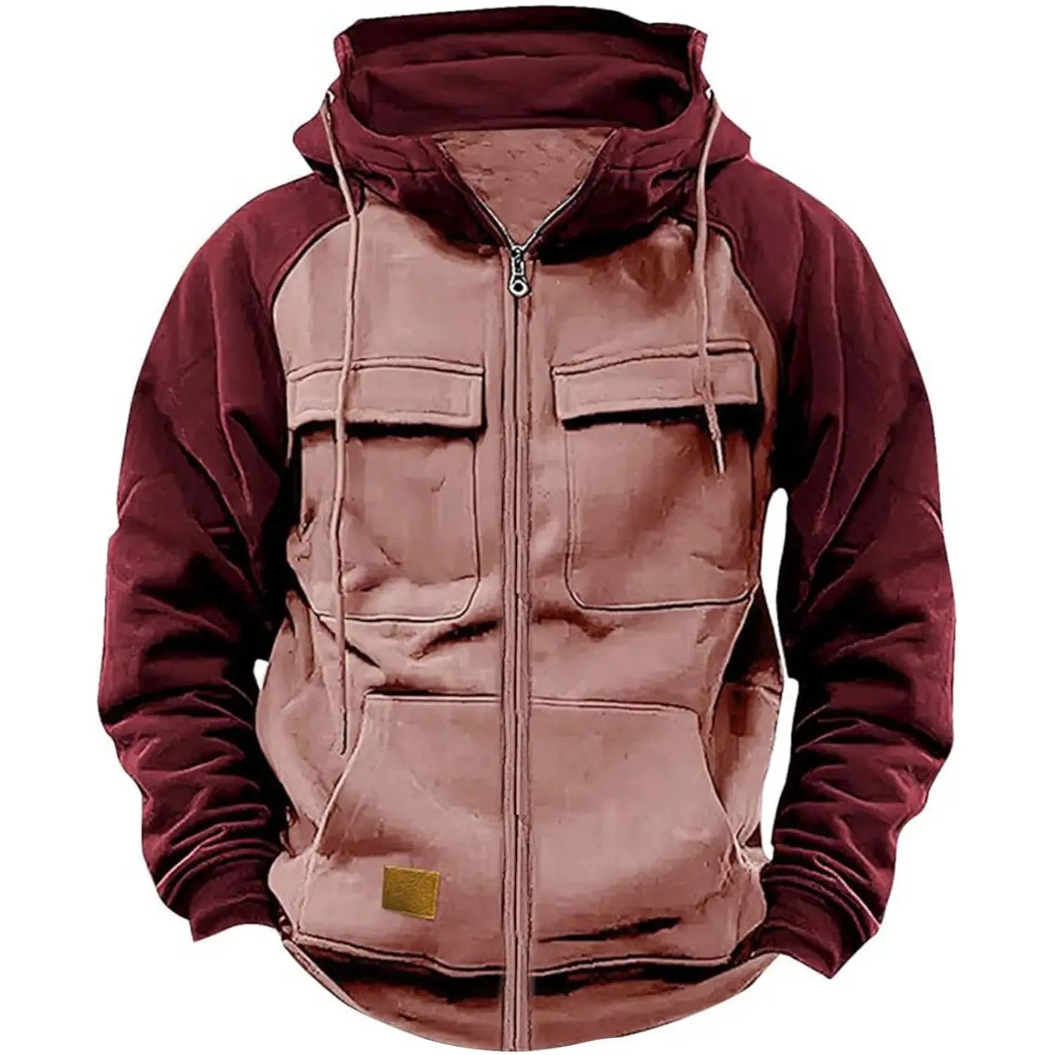 Men’s retro velvet lined multi pocket zip hoodie in maroon and beige two tone with hood front pockets and drawstrings.