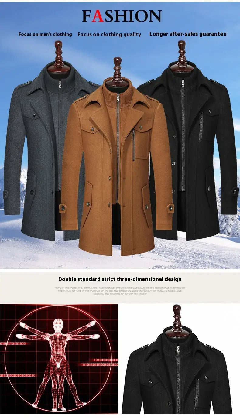 Three men woolen coat zipper trench jackets in dark gray tan and black displayed on wooden mannequins with a snowy background.