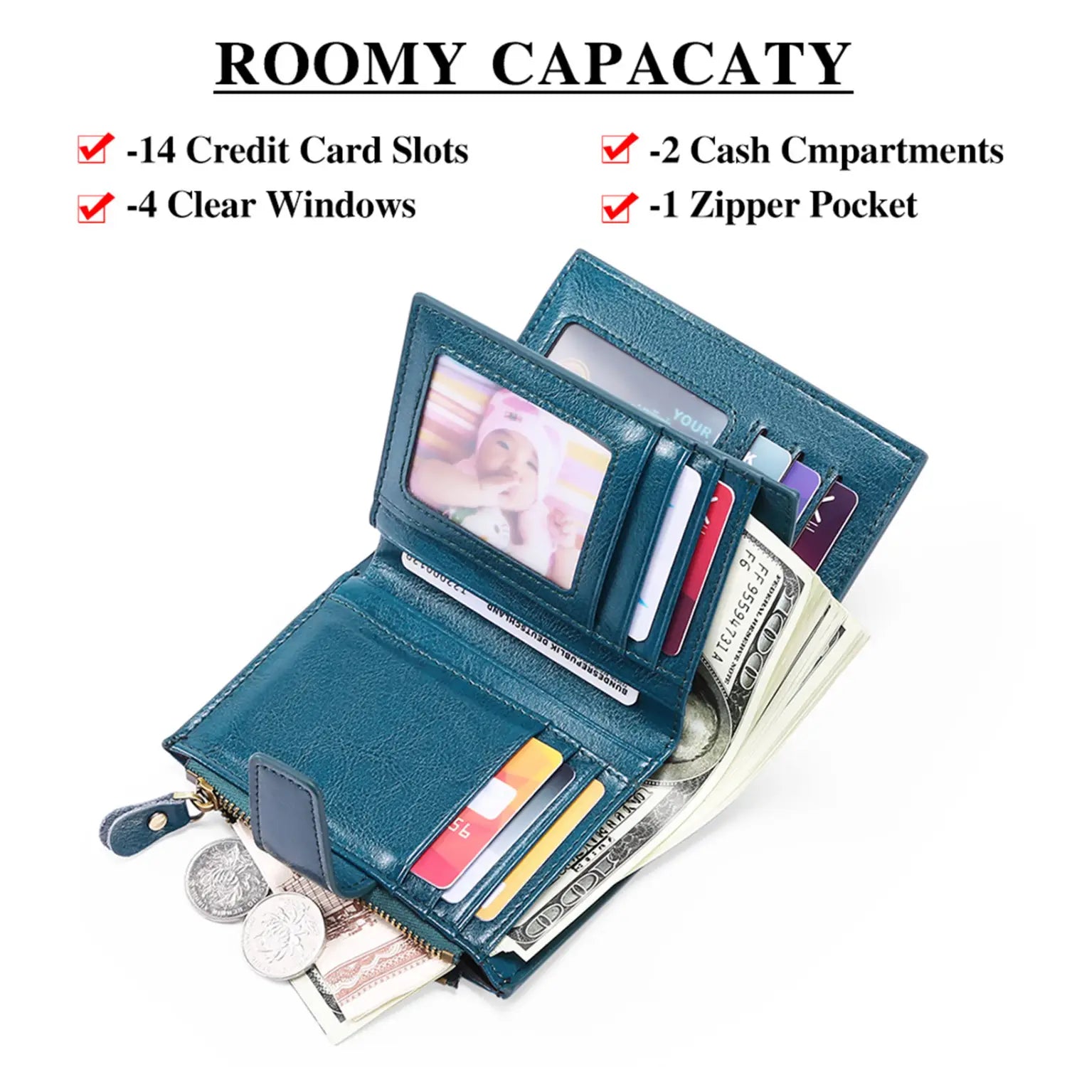 Teal leather rfid wallet with zipper features multiple card slots cash compartments and clear windows for anti theft protection.