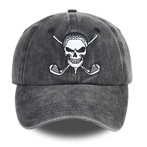 A faded gray distressed golf skull baseball cap featuring a white embroidered skull and crossed golf clubs design.