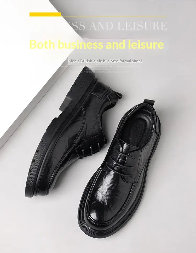 Men’s trendy chunky leather elevating casual shoe in black patent leather with lace-up design and rubber sole.