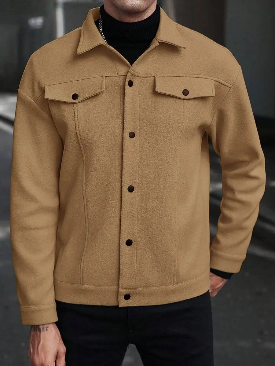 Men’s classic slim fit tan wool blend lapel jacket featuring two chest pockets and black buttons.