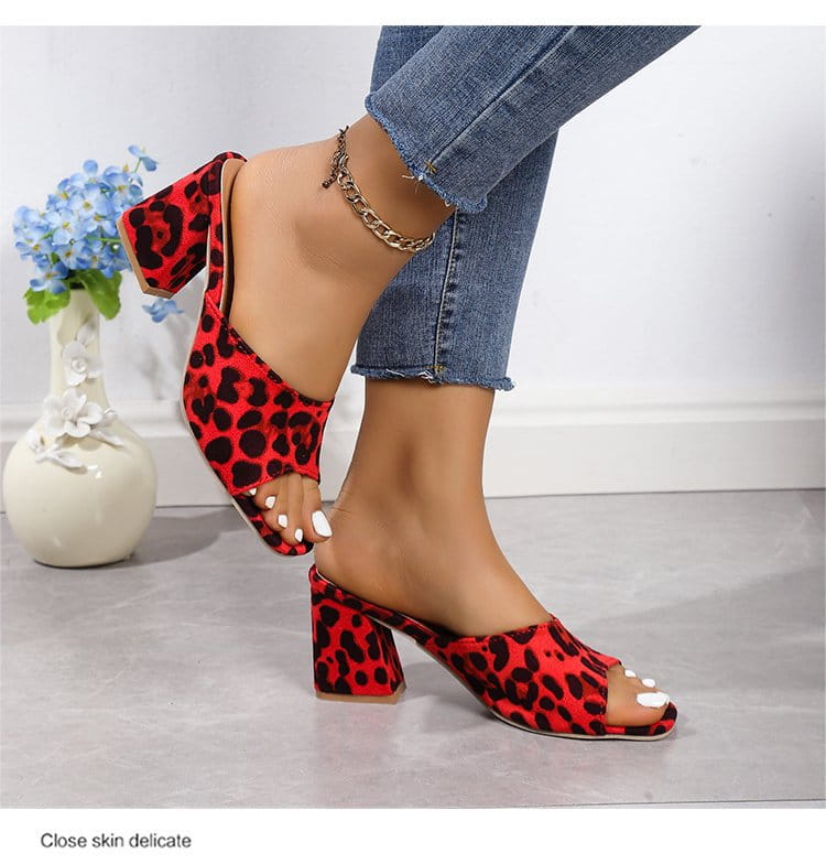 leopard square toe chunky heel mule sandals in red white and tan with leopard print and block heels