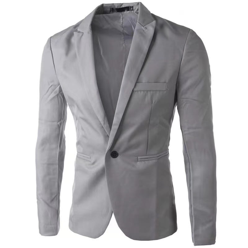 Veste de blazer décontractée à simple boutonnage bleu marine pour homme présentant un tissu gris clair épuré, un seul bouton noir et des détails de couture discrets.
