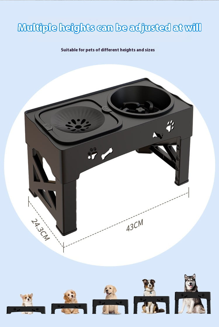 Bol d’alimentation pour animaux réglable double en acier inoxydable noir en plastique, avec deux gamelles distinctes pour la nourriture et l’eau, présentant des découpes en forme d’empreinte de patte et d’os sur les côtés.